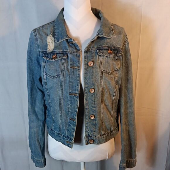 Ci Sono Women's Blue Denim Distressed Jacket - Picture 1 of 6